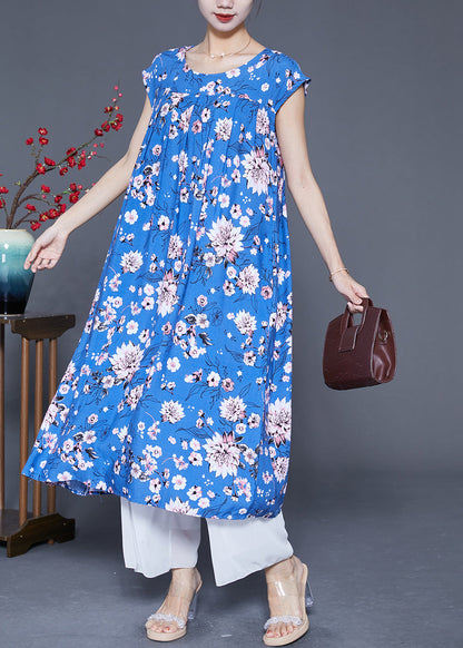 Classy Blue Print Wrinkled Cotton a Line Dresses Summer