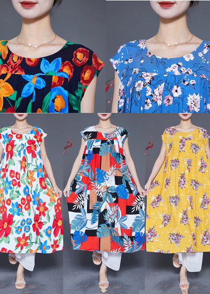 Classy Blue Print Wrinkled Cotton a Line Dresses Summer