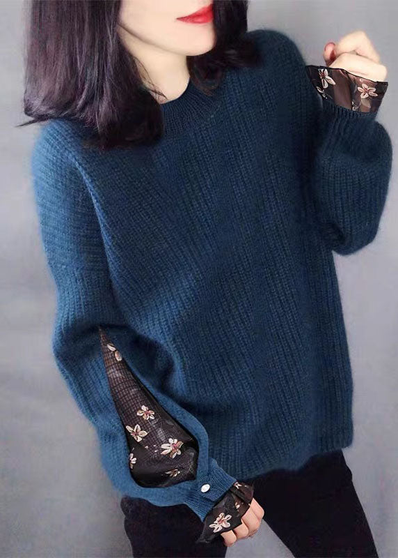 Classy Blue Tulle Knit Sweater Tops Winter