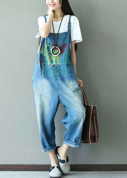 Classy Blue Print Hole Cowboy Jumpsuits Spring