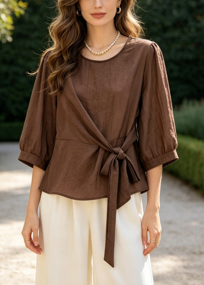 Classy Chocolate Tie Waist Cotton Two Pieces Set Summer