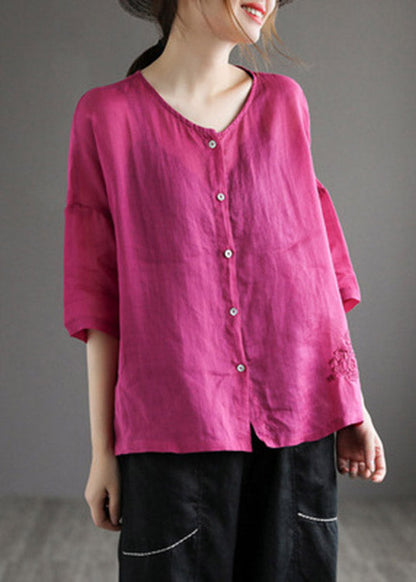 Classy Coffee O-neck Embroideried Button Linen Shirt Half Sleeve