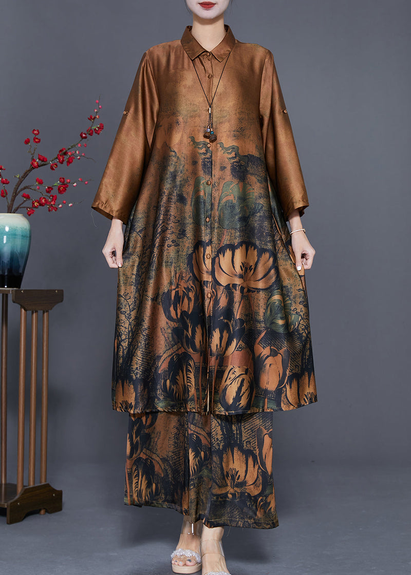 Classy Coffee Oversized Print Silk Long Shirt and Straight Pant Two Piece Set Fall