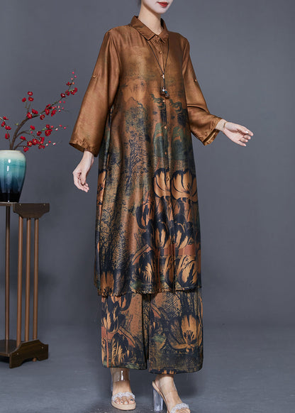 Classy Coffee Oversized Print Silk Long Shirt and Straight Pant Two Piece Set Fall
