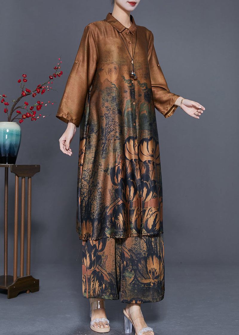 Classy Coffee Oversized Print Silk Long Shirt and Straight Pant Two Piece Set Fall