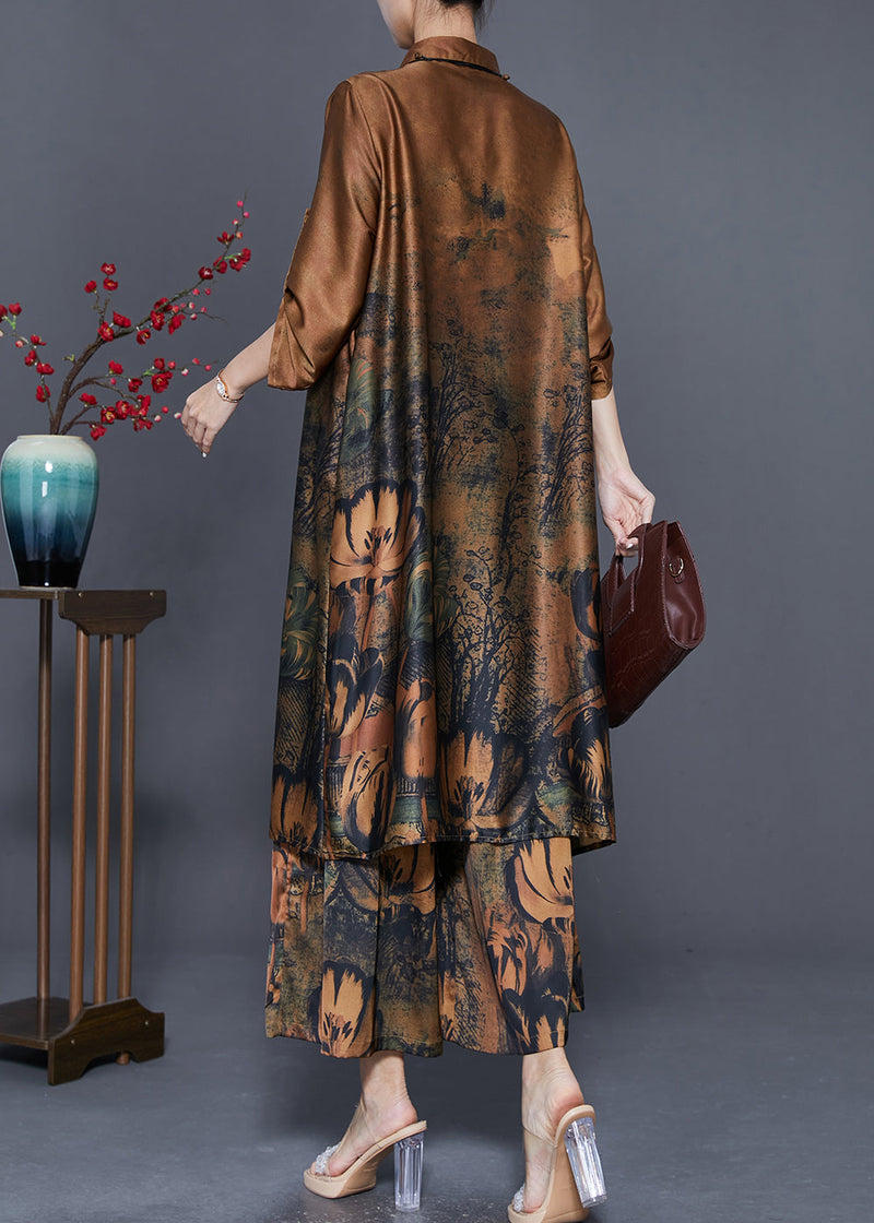 Classy Coffee Oversized Print Silk Long Shirt and Straight Pant Two Piece Set Fall