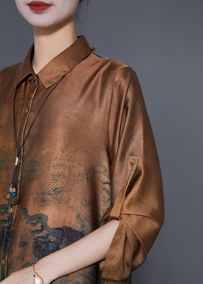 Classy Coffee Oversized Print Silk Long Shirt and Straight Pant Two Piece Set Fall