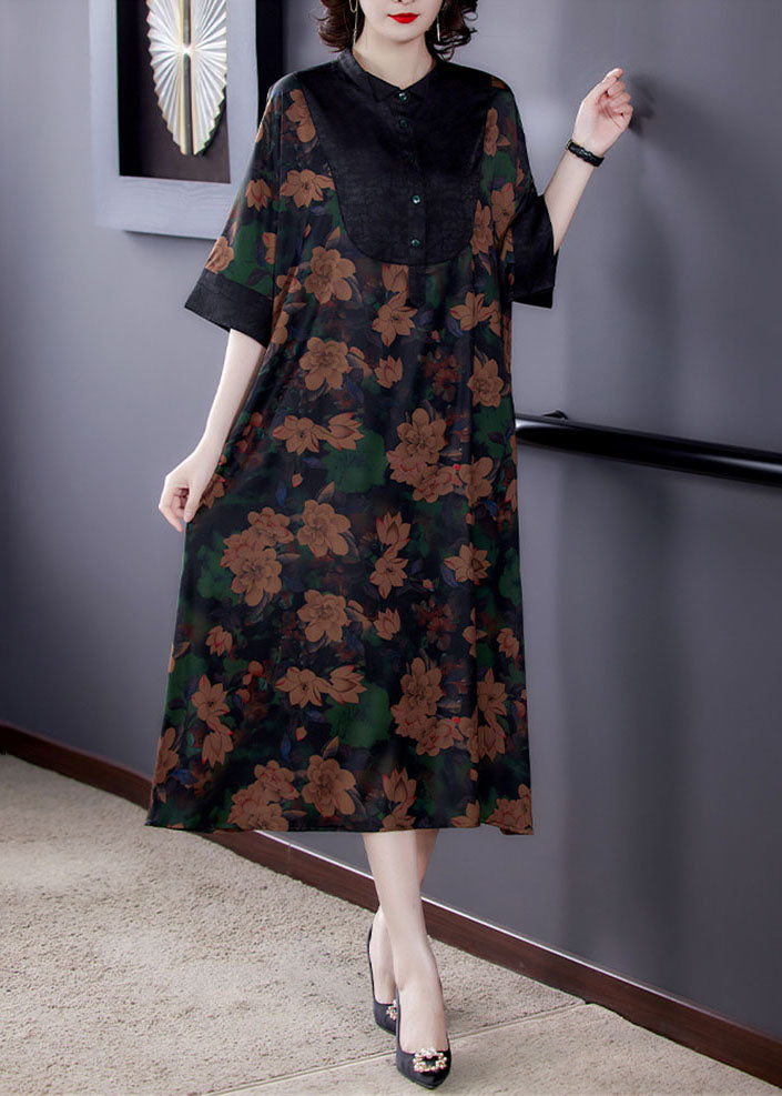 Classy Stand Collar Button Patchwork Silk Dresses Summer