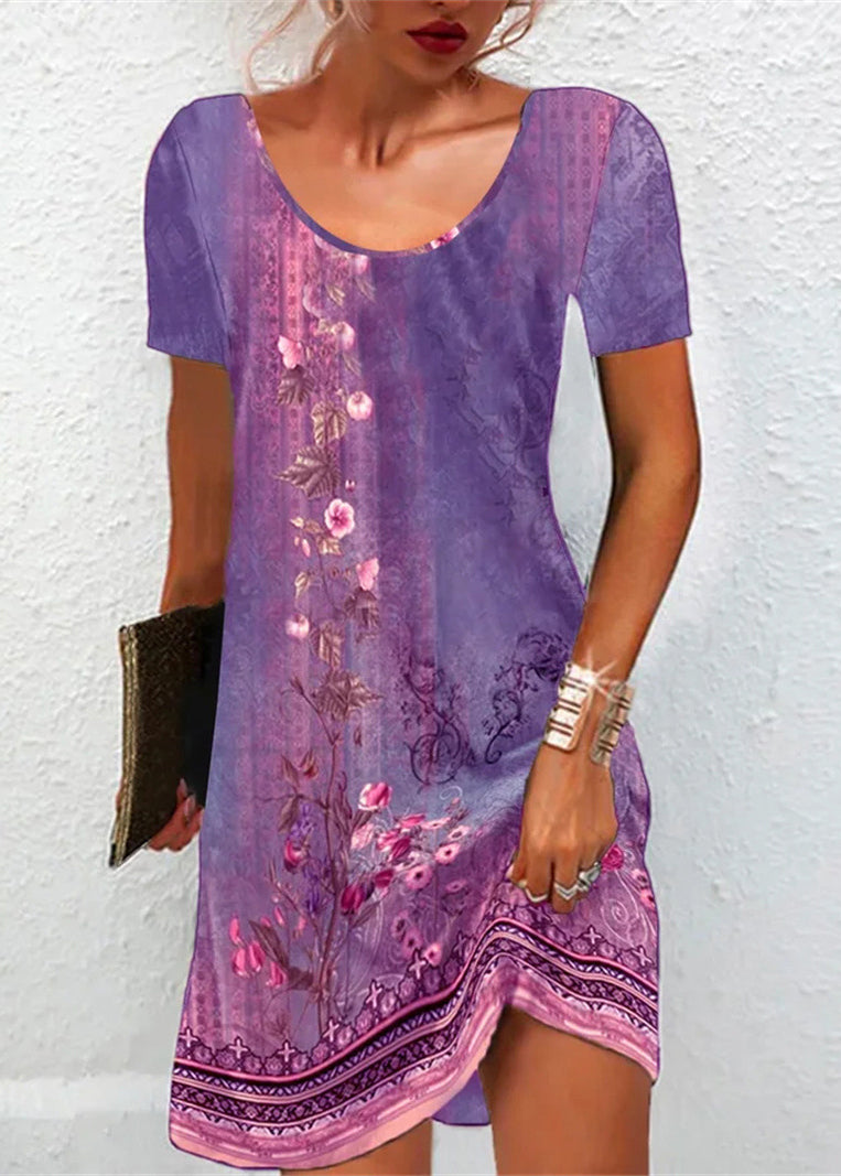 Classy Green O-neck Print Mid Dress Short Sleeve