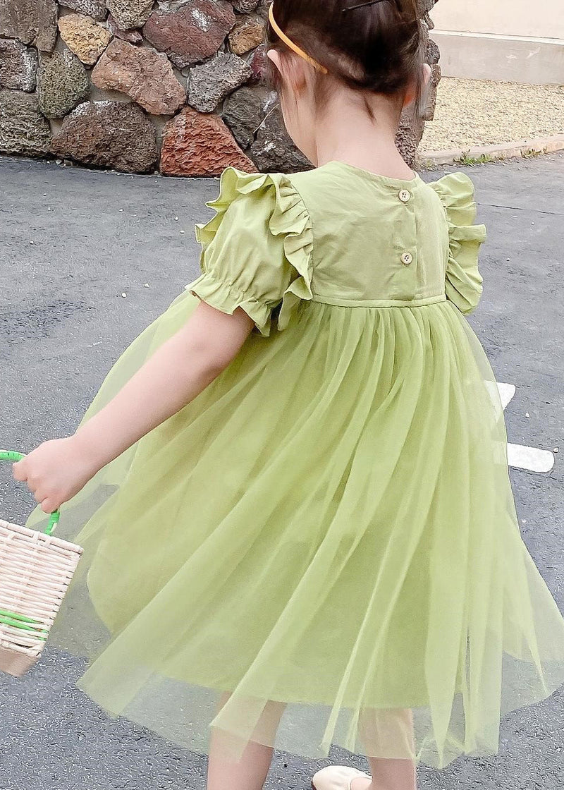 Classy Green O-neck Ruffled Patchwork Tulle Long Dresses Summer