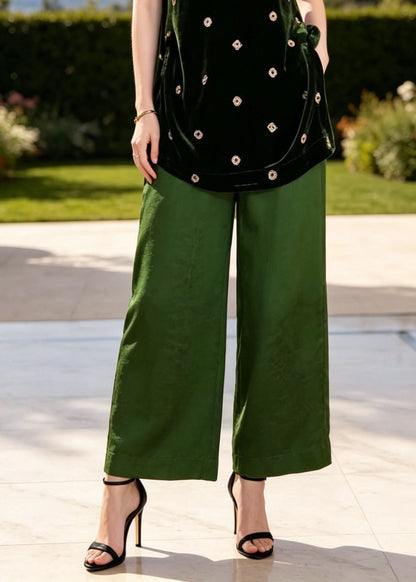 Classy Green Stand Collar Print Silk Two Piece Set Clothing Summer