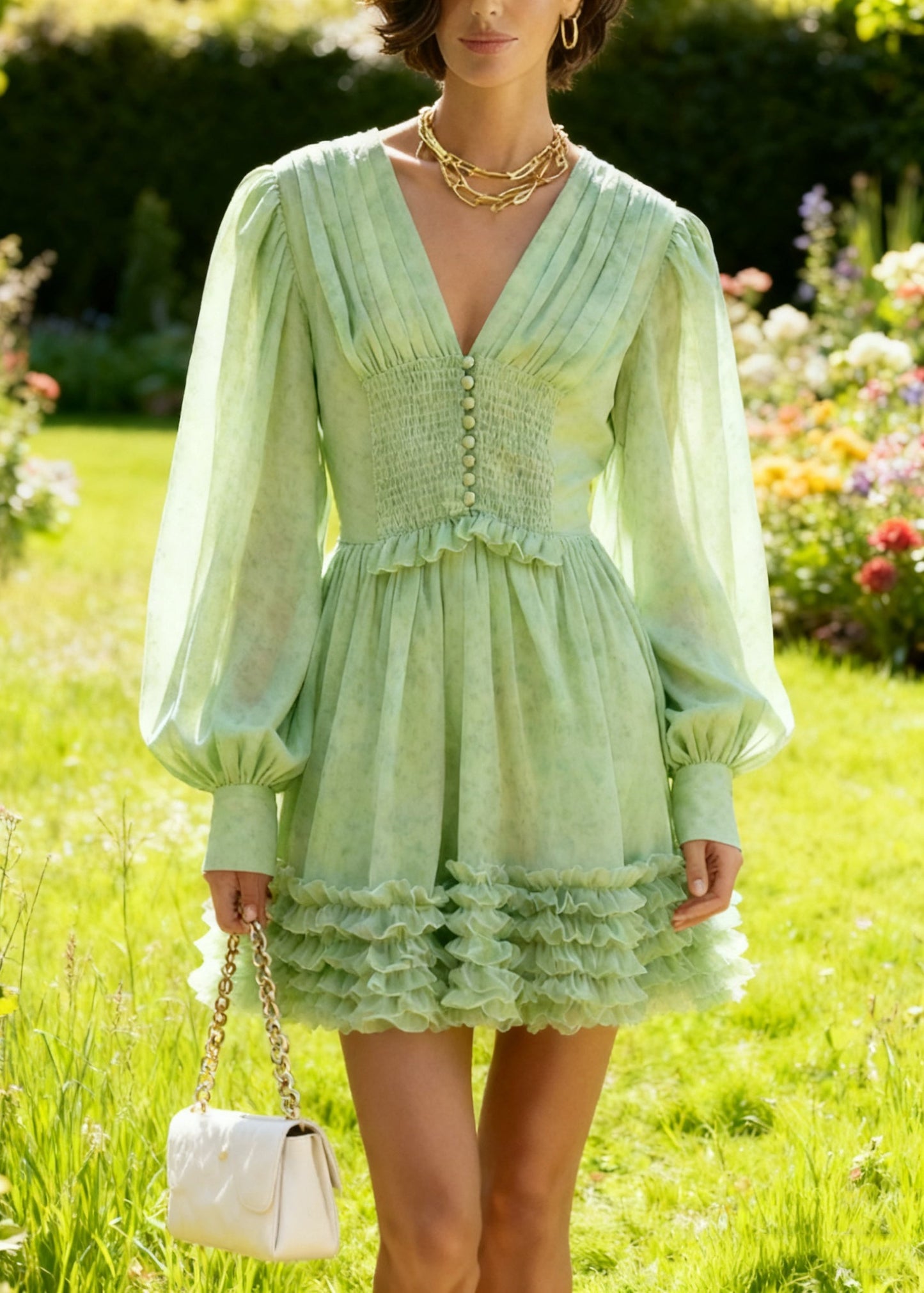 Classy Green V Neck Ruffled Chiffon Mid Dress Spring