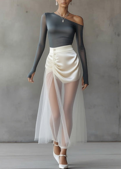 Classy Grey Cold Shoulder Top and Tulle Maxi Skirts Two Pieces Set Spring