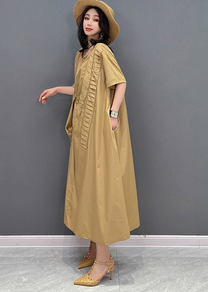 Classy Khaki O-neck Asymmetrical Wrinkled Pockets Long Dresses Short Sleeve