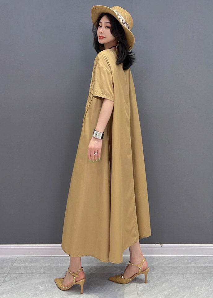 Classy Khaki O-neck Asymmetrical Wrinkled Pockets Long Dresses Short Sleeve
