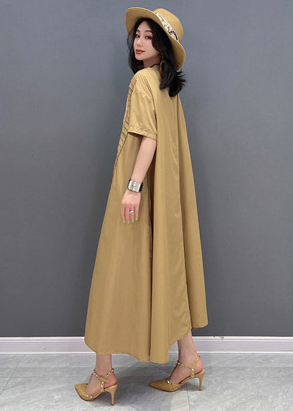 Classy Khaki O-neck Asymmetrical Wrinkled Pockets Long Dresses Short Sleeve