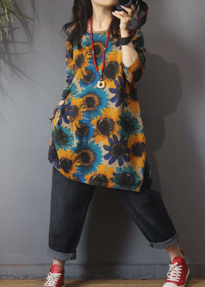 Classy Khaki O-neck Print Side Open Fall Knit Knit Long Sweater