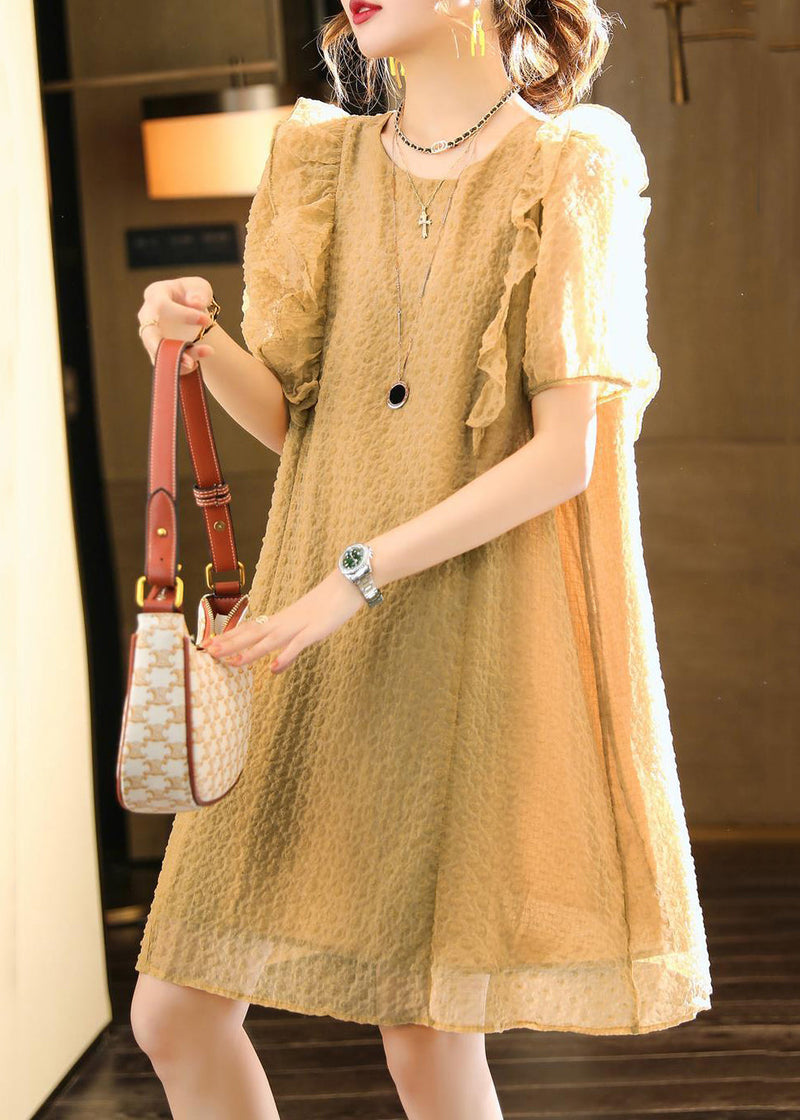 Classy Khaki O-neck Ruffled Patchwork Chiffon Dresses Summer