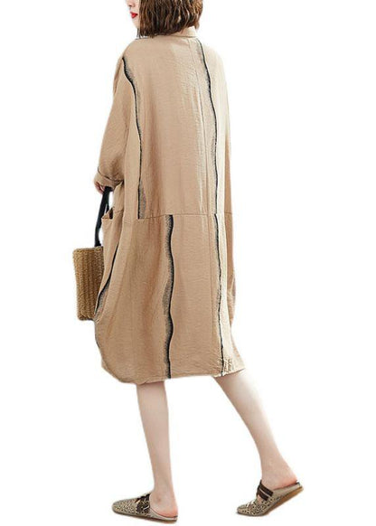 Classy Khaki Patchwork Pockets Summer Half Sleeve Holiday Dress