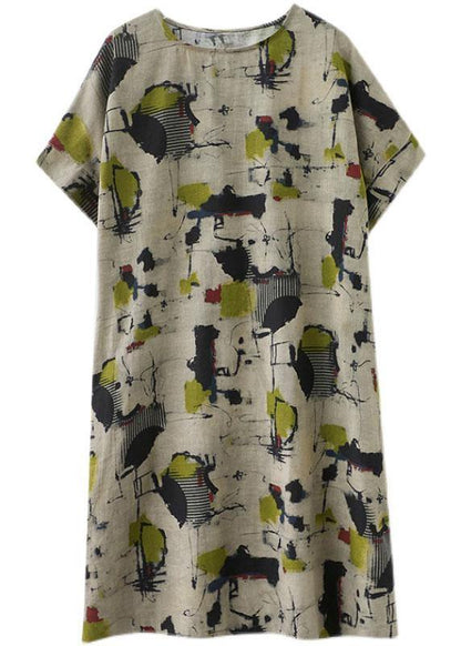 Classy Khaki Print O-neck Pockets Summer Maxi Dresses Half Sleeve