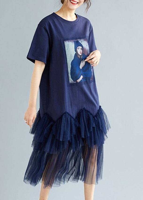 Classy Navy Patchwork Character Pattern Short Sleeve Robe Dresses