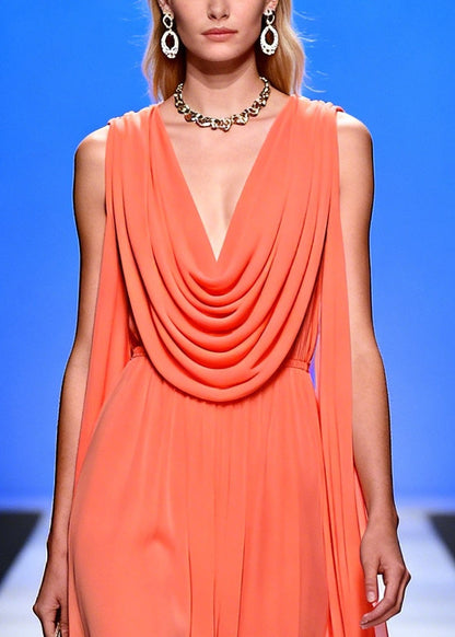 Classy Orange Turtle Neck Draping Chiffon Long Dress Summer