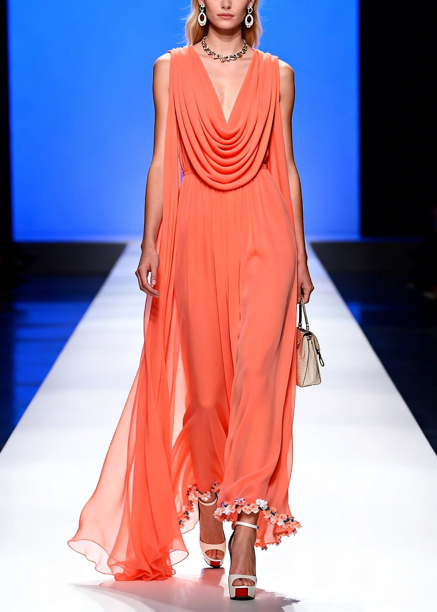 Classy Orange Turtle Neck Draping Chiffon Long Dress Summer