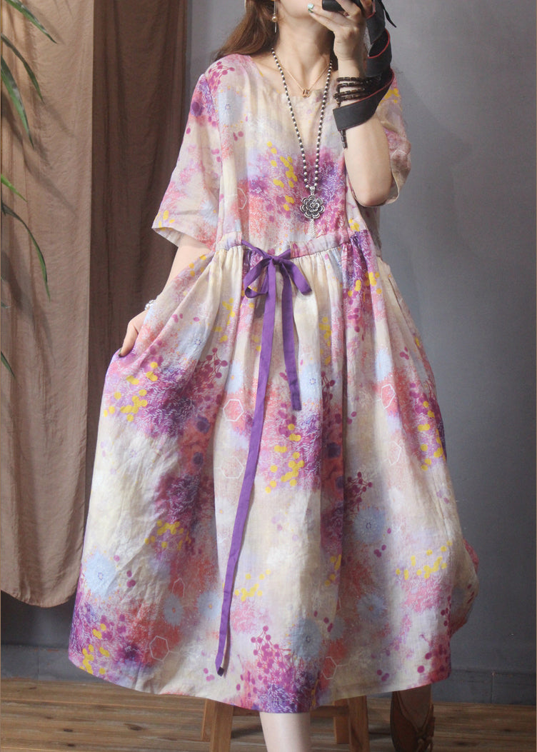 Classy Pink O-neck Drawstring Linen Mid Dress Half Sleeve