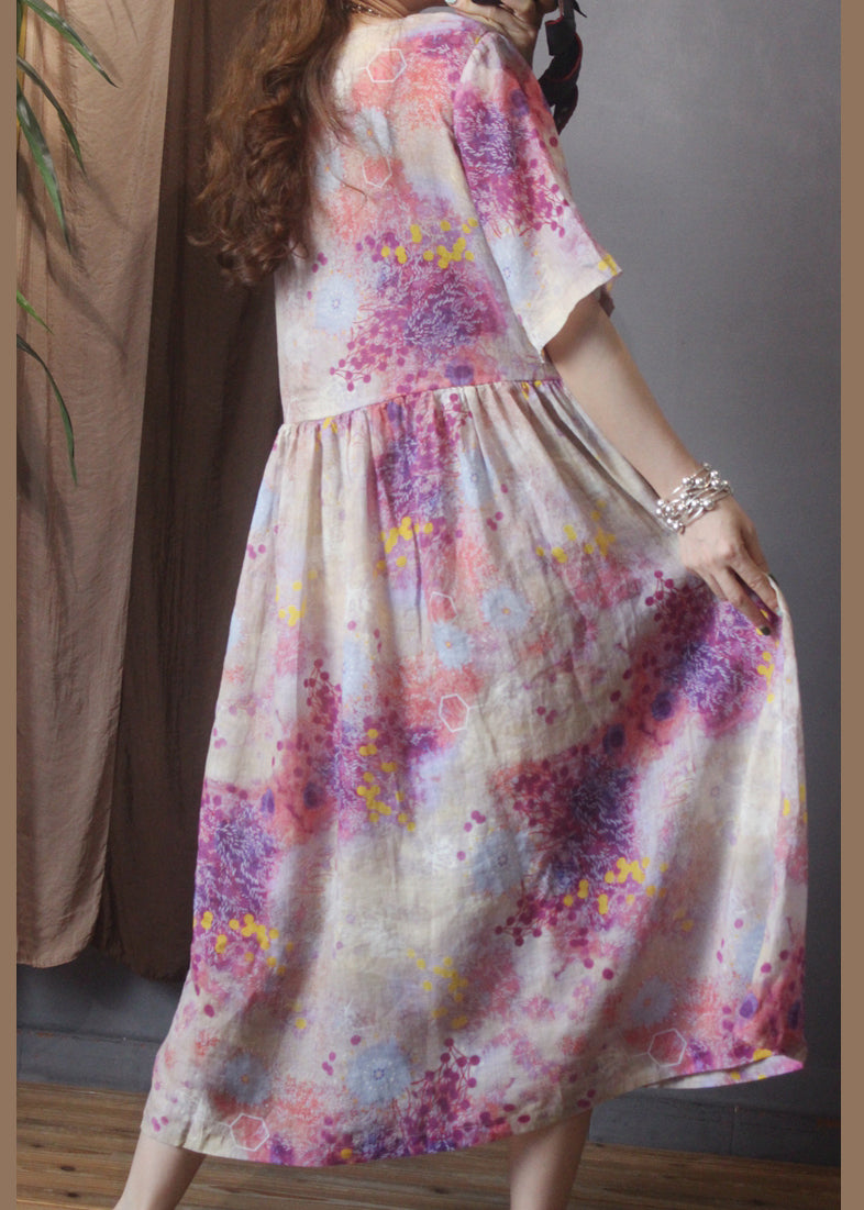 Classy Pink O-neck Drawstring Linen Mid Dress Half Sleeve