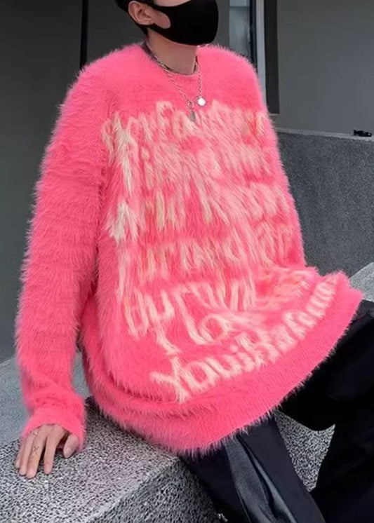 Classy Pink O Neck Letter Mink Velvet Sweater Sweater
