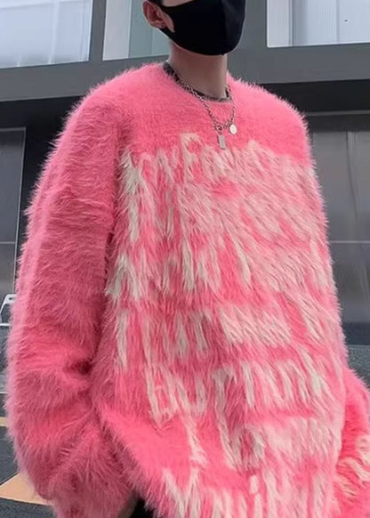 Classy Pink O Neck Letter Mink Velvet Sweater Sweater