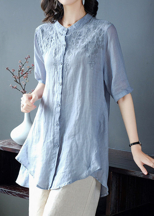 Classy Pink Stand Collar Embroideried Button Cotton Long Shirts and Pants Two Pieces Set Half Sleeve