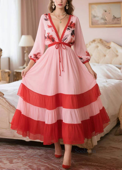 Classy Pink V Neck Patchwork Chiffon Dress Summer