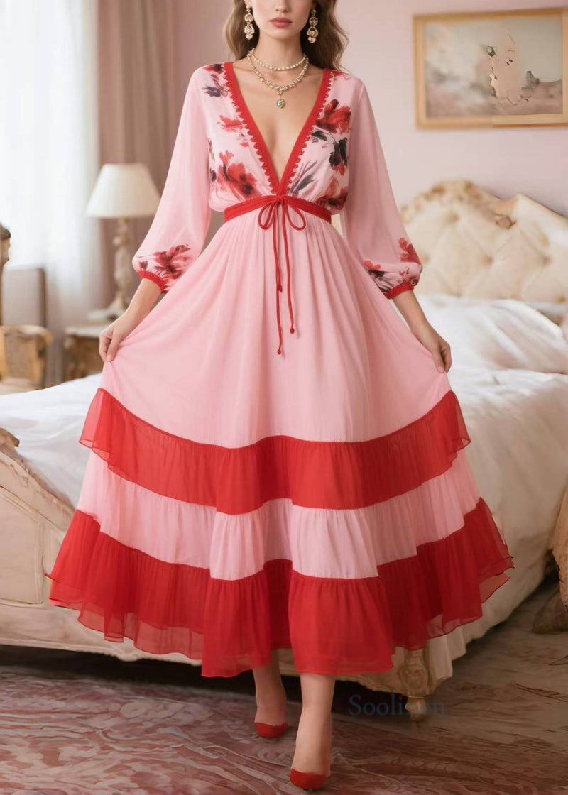 Classy Pink V Neck Patchwork Chiffon Dress Summer