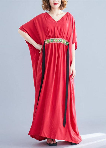 Classy Red V Neck Bow Summer Long Dresses Half Sleeve