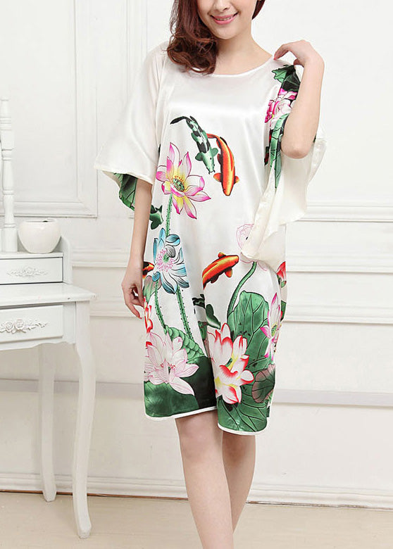 Classy White O-neck Lotus Mid Dress Summer Pajamas