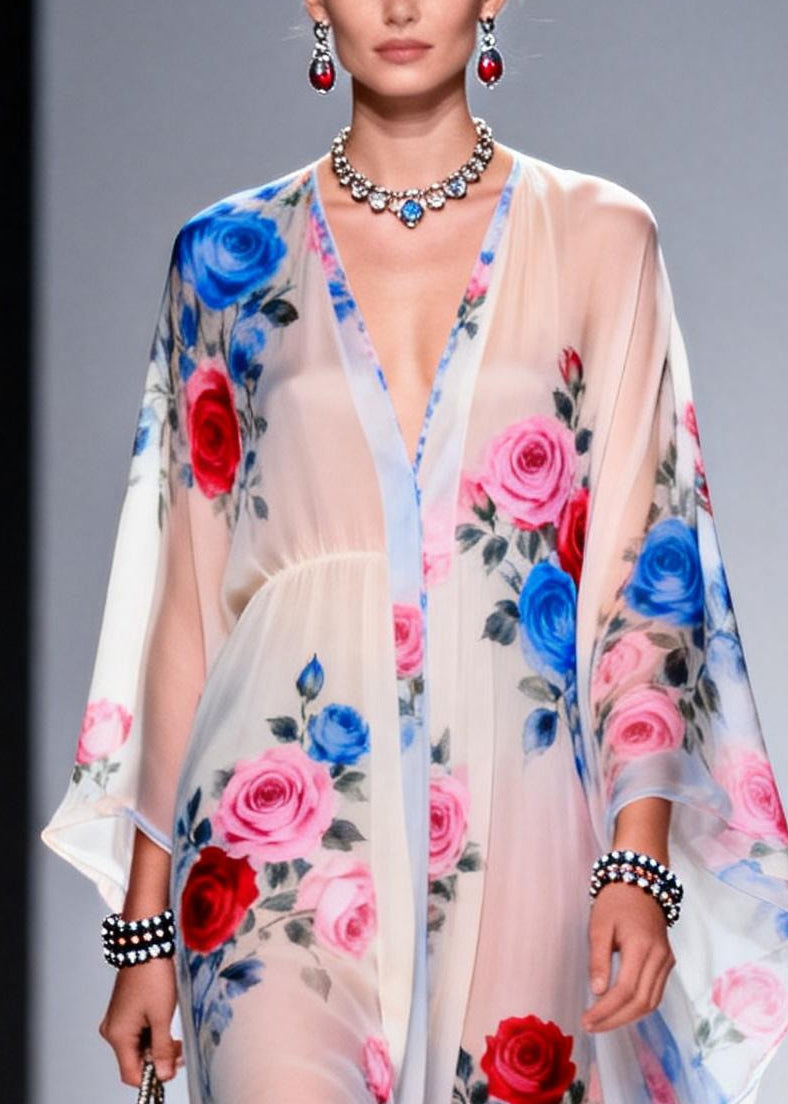 Classy White Oversized Print Chiffon Sheer Dresses Summer