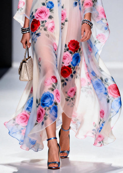 Classy White Oversized Print Chiffon Sheer Dresses Summer