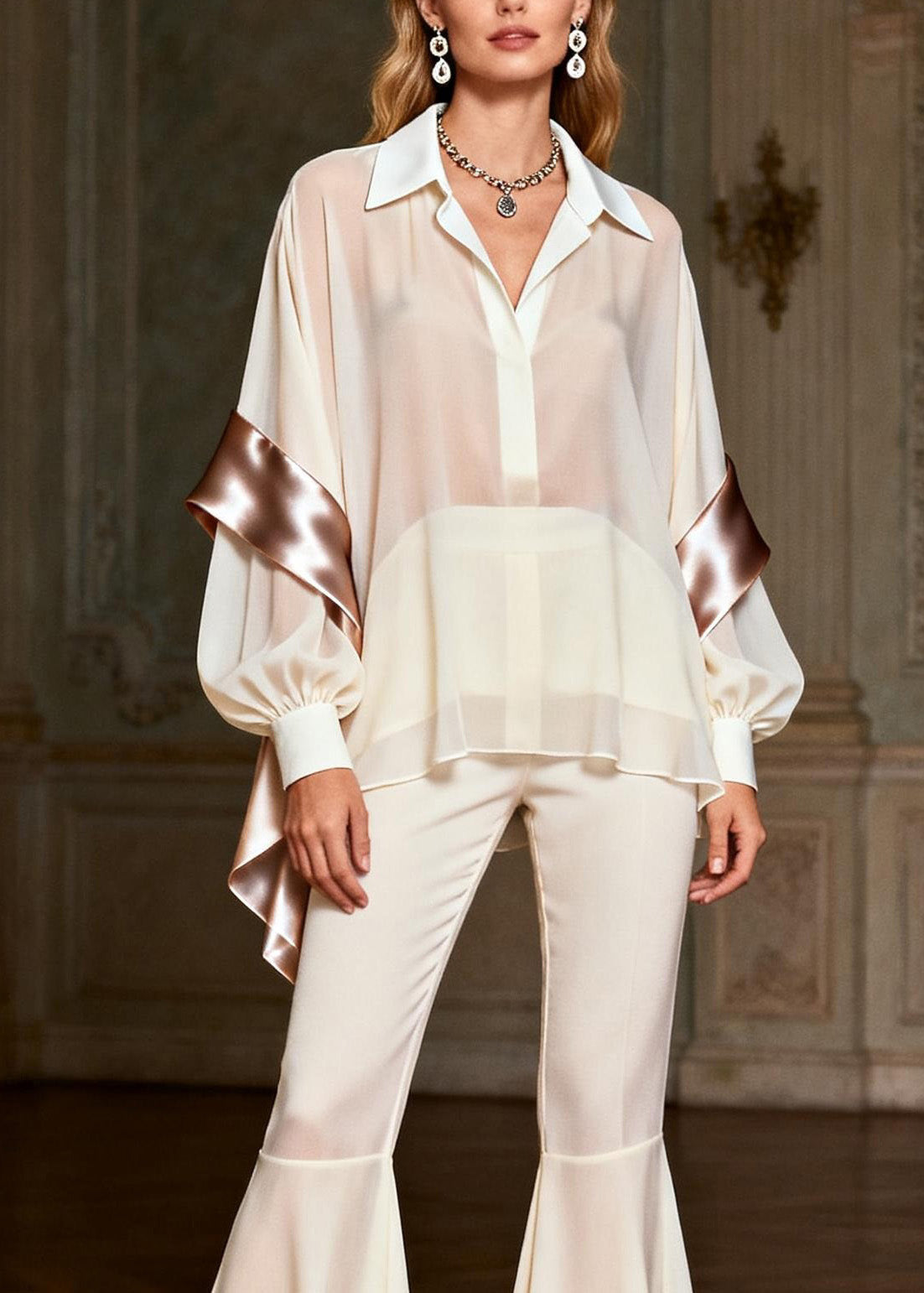 Classy White Peter Pan Collar Patchwork Silk 2 Piece Outfit Spring
