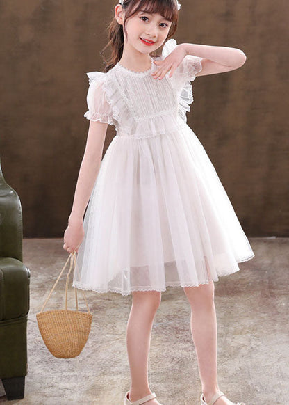 Classy White Ruffled Patchwork Tulle Kids Dresses Summer