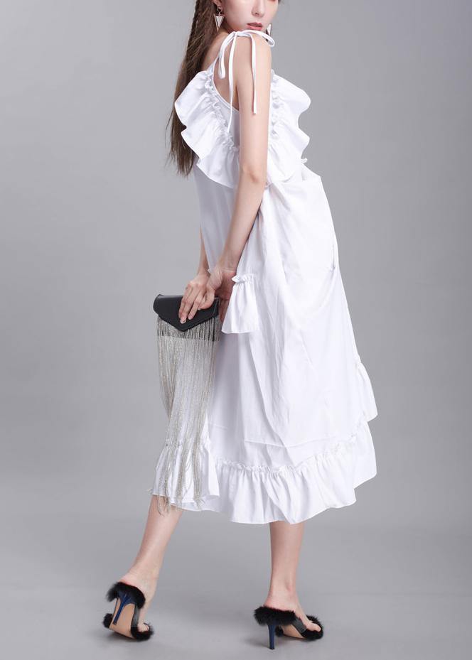 Classy White Summer Asymmetrical Design Cotton Spaghetti Strap Dress
