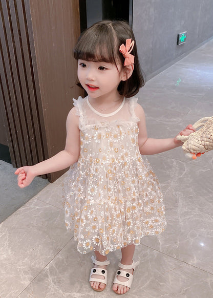 Classy White Sunflower Lace Patchwork Tulle Mid Dress Summer