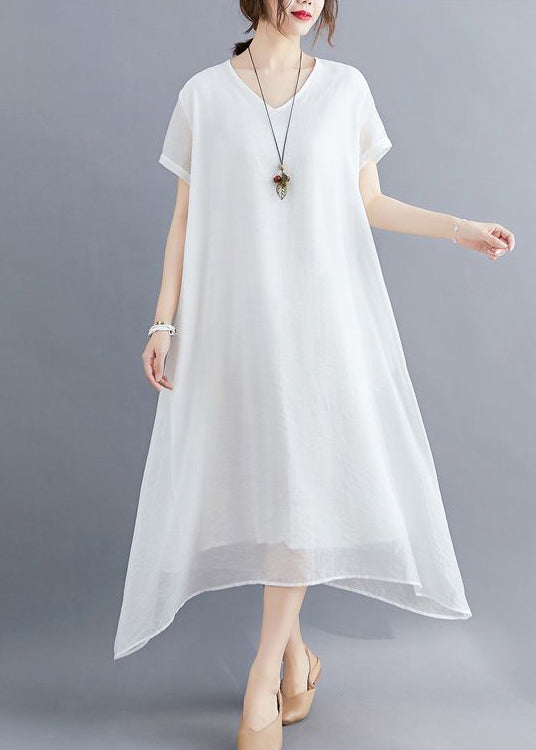 Classy White V Neck Exra Large Hem Cotton a Line Dresses Summer