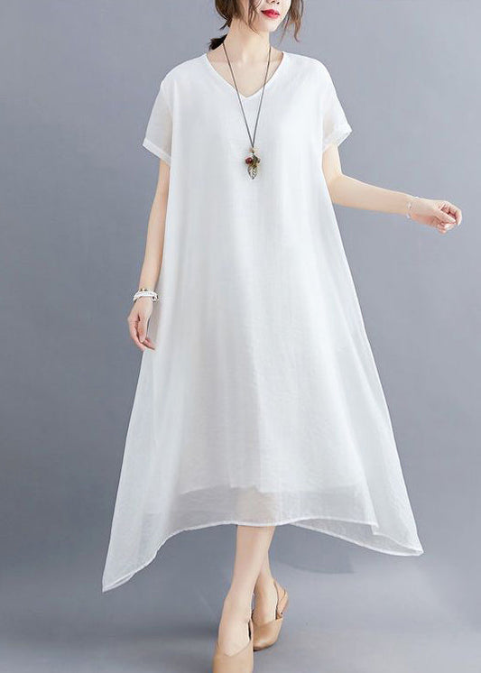 Classy White V Neck Exra Large Hem Cotton a Line Dresses Summer