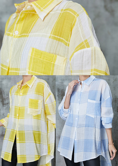 Classy Yellow Oversized Plaid Cotton Upf 50+ Tops Spring