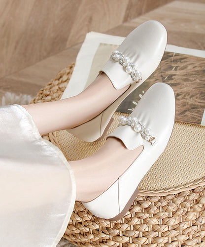 Classy Zircon Pearl Splicing Flat Shoes Beige Cowhide Leather