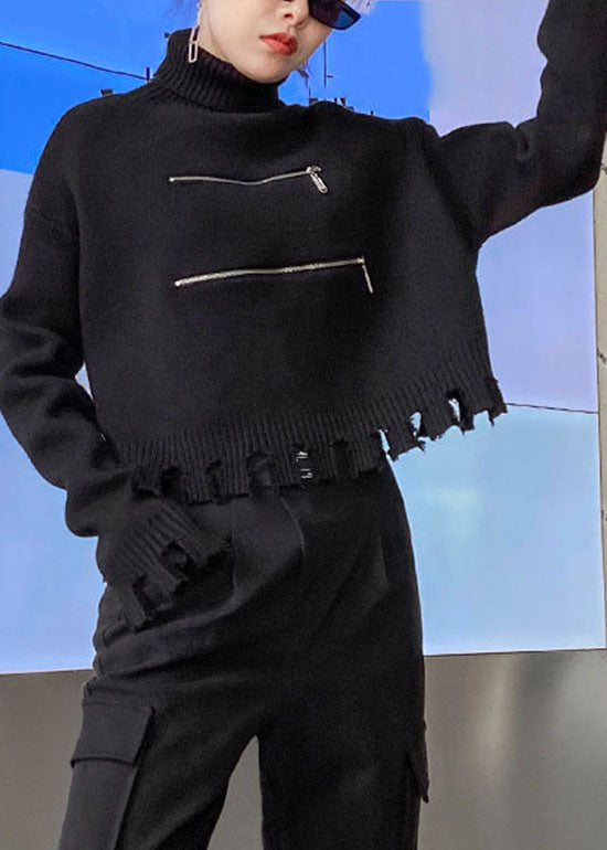 Classy Black Zippered Hole Turtle Neck Knit Sweaters Spring