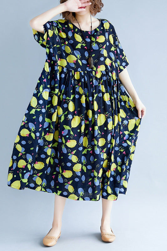 Classy Navy Print Linen Dresses Work O Neck Short Sleeve Cotton Robes Summer Dresses