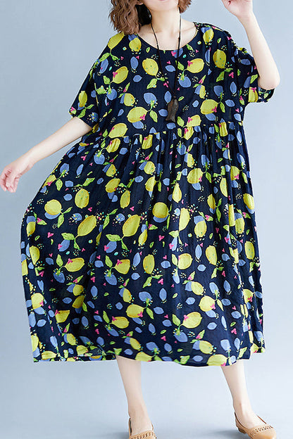 Classy Navy Print Linen Dresses Work O Neck Short Sleeve Cotton Robes Summer Dresses