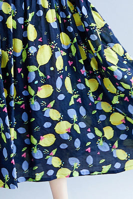 Classy Navy Print Linen Dresses Work O Neck Short Sleeve Cotton Robes Summer Dresses